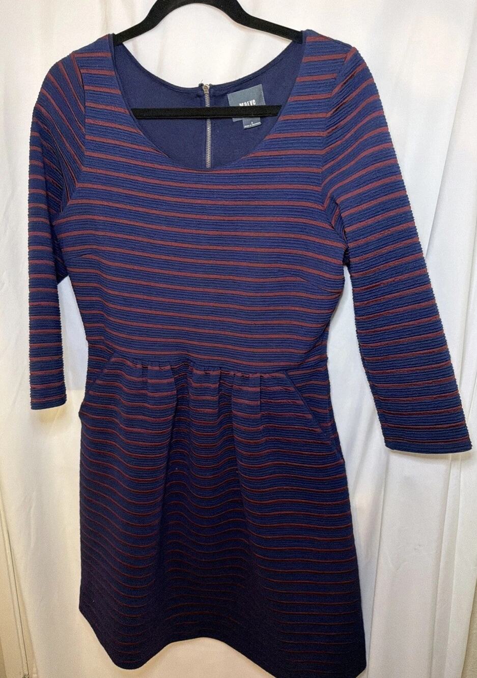 Maeve Anthropologie 3/4 sleeve red n blue ribbed knit fit n flare with poc Sz 8